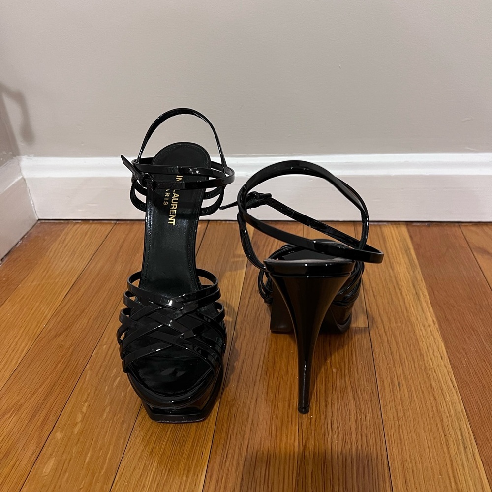 Saint Laurent YSL Black Patent Leather Tribute Cage Platform Criss Cross Heel 37 - Picture 4 of 10